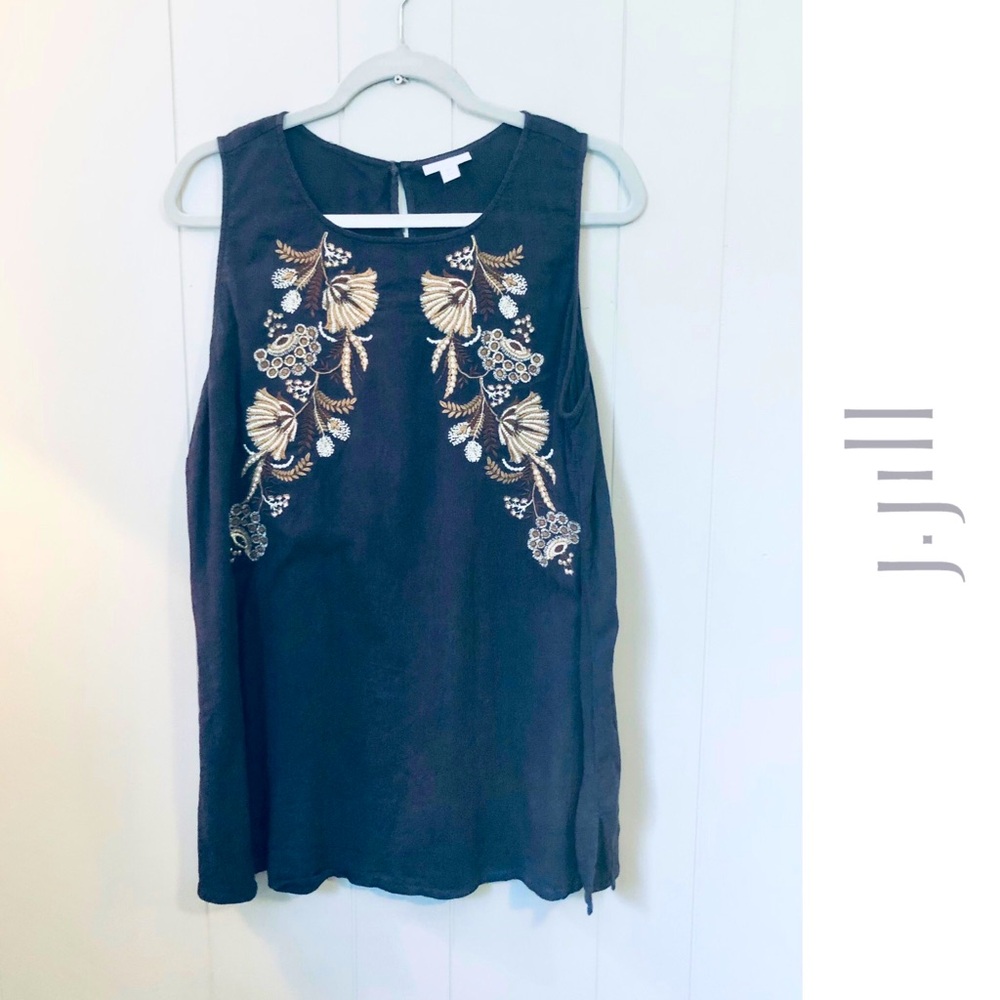 J Jill Tank Top Tunic Sleeveless Top Linen Blend Dark Navy Embroidery Boho Large